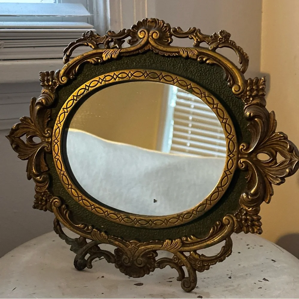Antique MIRROR Baroque French vanity free standing solid Brass with green detail